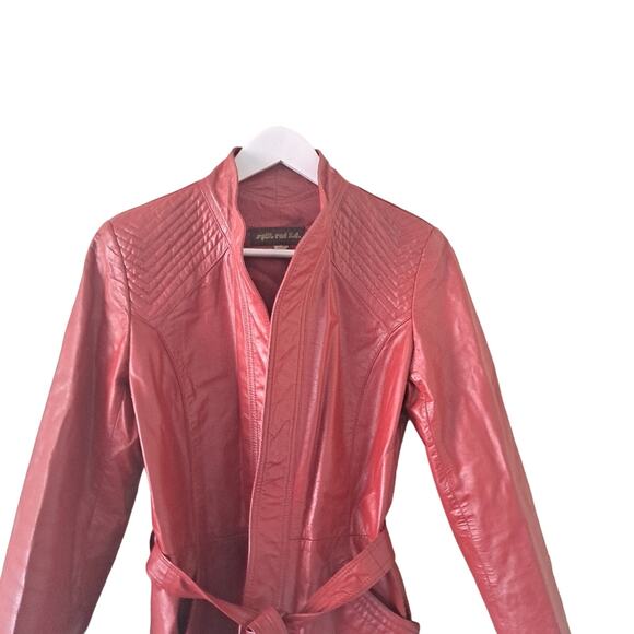 Split End Limited Red Leather High Neck Long Sleeve Jacket with Belt  - Size 11 - Picture 2 of 8